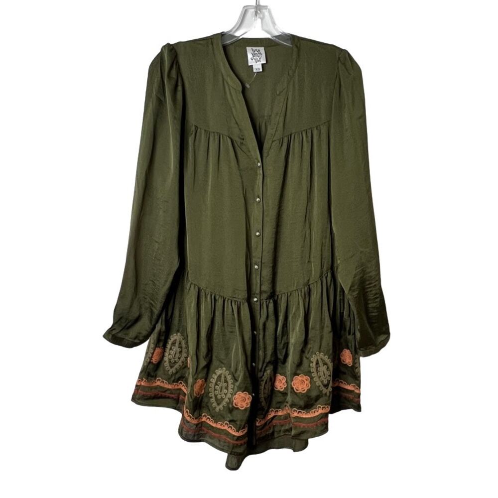 Ivy Jane Long Sleeve Embroidered Button Front Tunic Top Green Womens XS